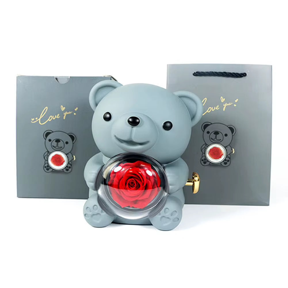 Cute Bear Gift Box Elegant Preserved Rose Gift Box with Gift Bag Rotating Bear Rose Jewelry Box for Valentines Day
