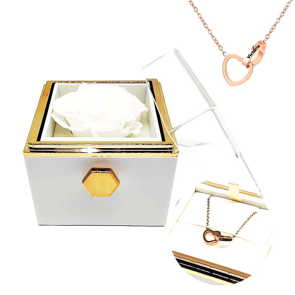 Rotating Eternal Rose Engraved Necklace Valentines Mother Day Gift Box Engraved Interlocking Heart Necklace Eternal Rose Box
