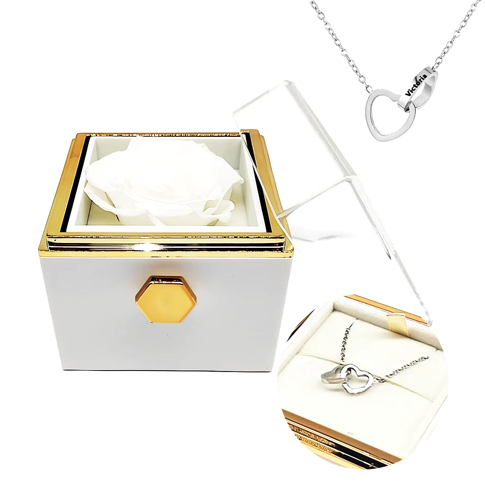 Rotating Eternal Rose Engraved Necklace Valentines Mother Day Gift Box Engraved Interlocking Heart Necklace Eternal Rose Box