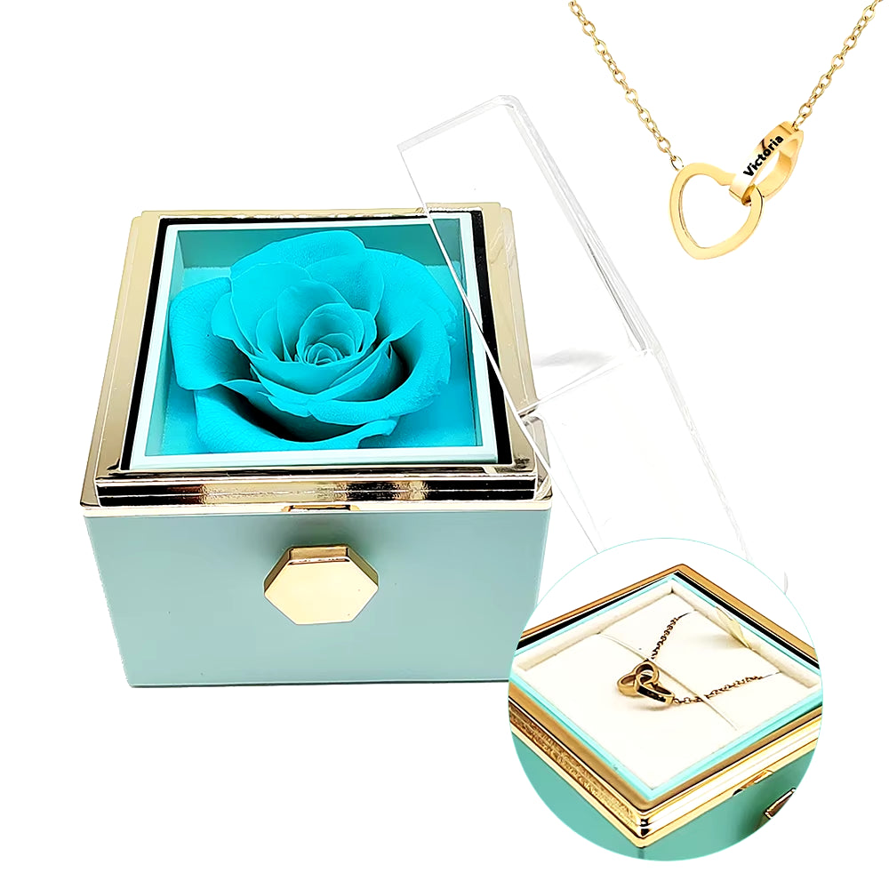 Rotating Eternal Rose Engraved Necklace Valentines Mother Day Gift Box Engraved Interlocking Heart Necklace Eternal Rose Box