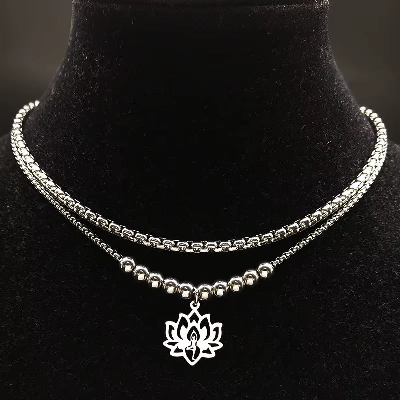 2024 Fashion Yoga Lotus Stainless Steel Statement Necklace for Women Silver Color Double Layer Necklace Jewellery Collares N1955