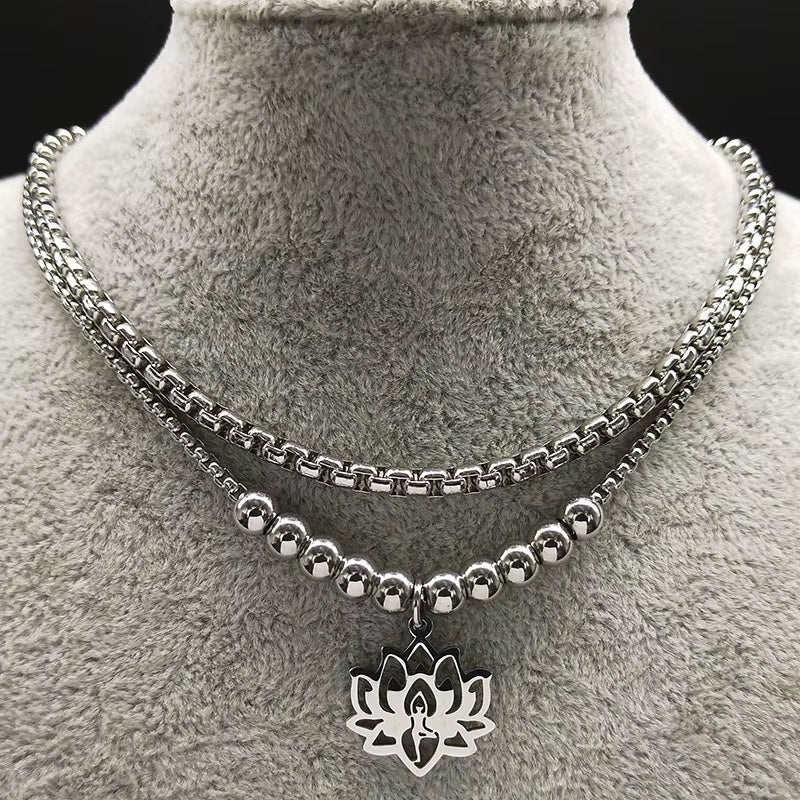 2024 Fashion Yoga Lotus Stainless Steel Statement Necklace for Women Silver Color Double Layer Necklace Jewellery Collares N1955