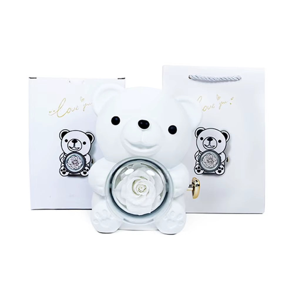 Cute Bear Gift Box Elegant Preserved Rose Gift Box with Gift Bag Rotating Bear Rose Jewelry Box for Valentines Day