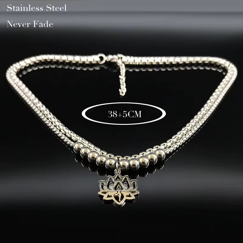 2024 Fashion Yoga Lotus Stainless Steel Statement Necklace for Women Silver Color Double Layer Necklace Jewellery Collares N1955