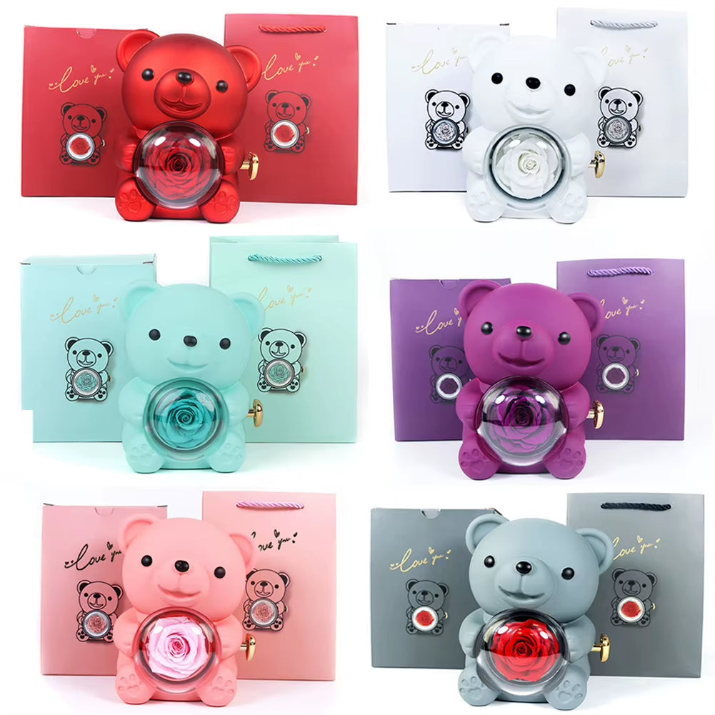 Cute Bear Gift Box Elegant Preserved Rose Gift Box with Gift Bag Rotating Bear Rose Jewelry Box for Valentines Day