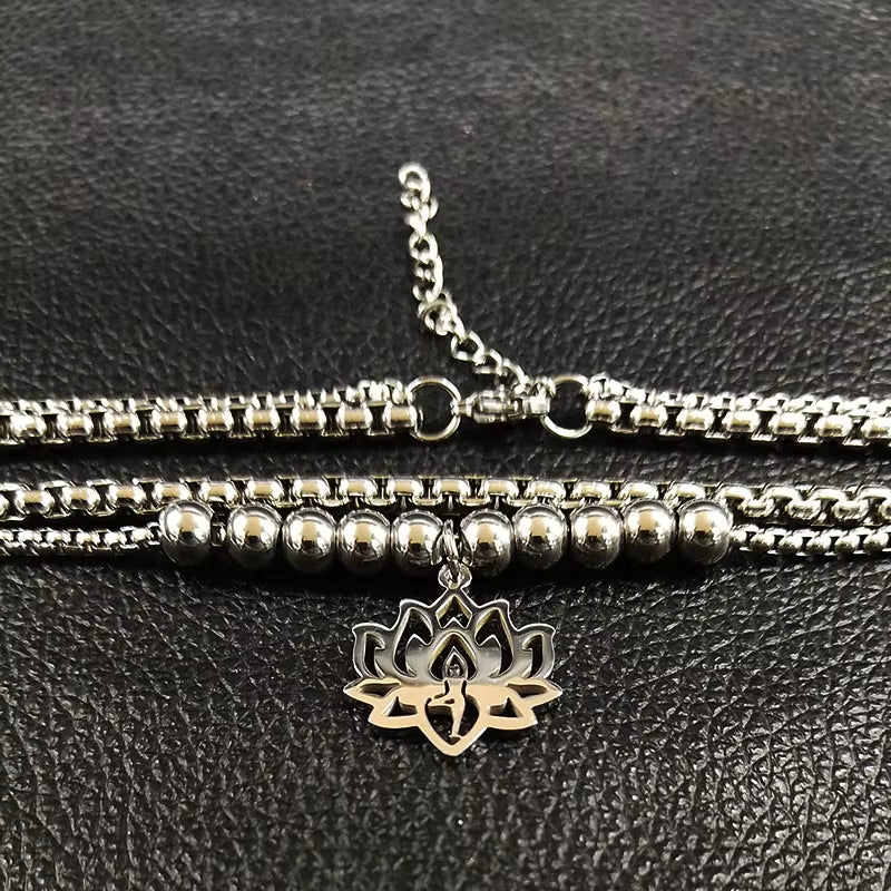 2024 Fashion Yoga Lotus Stainless Steel Statement Necklace for Women Silver Color Double Layer Necklace Jewellery Collares N1955