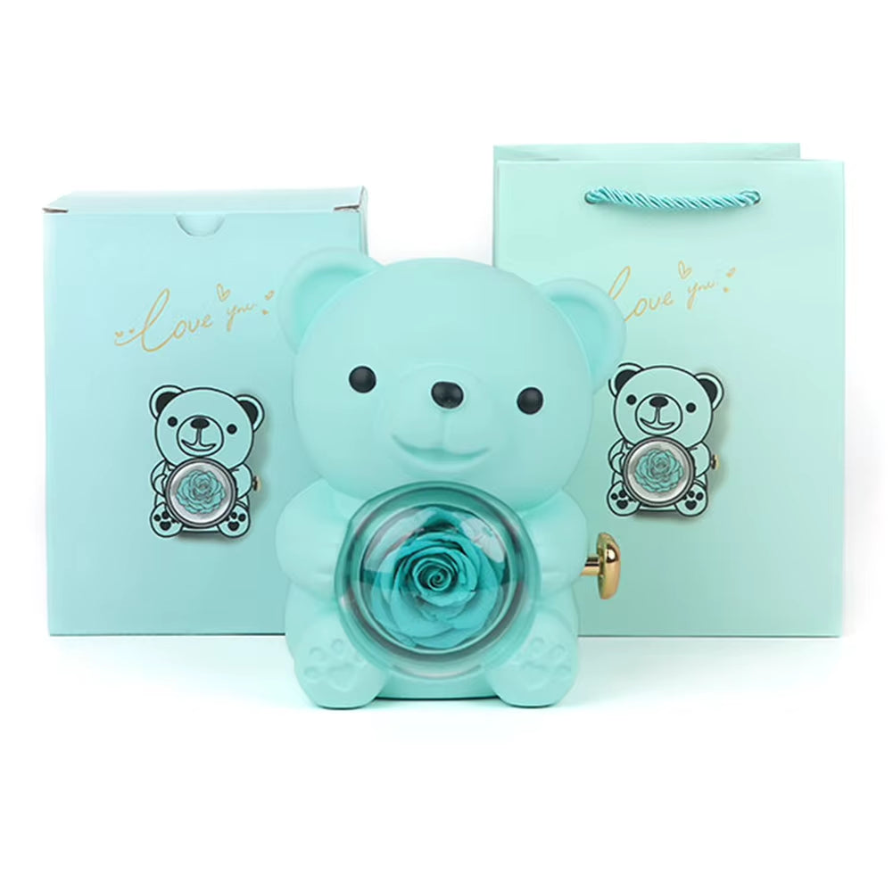 Cute Bear Gift Box Elegant Preserved Rose Gift Box with Gift Bag Rotating Bear Rose Jewelry Box for Valentines Day