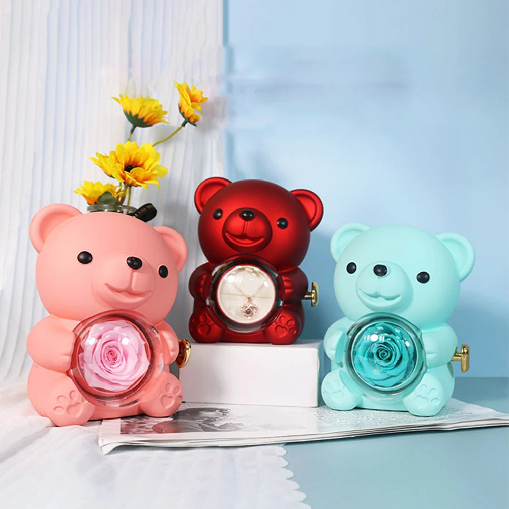 Eternal Rose Bear Gifts Box Rotate Rose Jewelry Box Valentine Wedding Storage Romantic Gift for Valentines Women Girlfriend