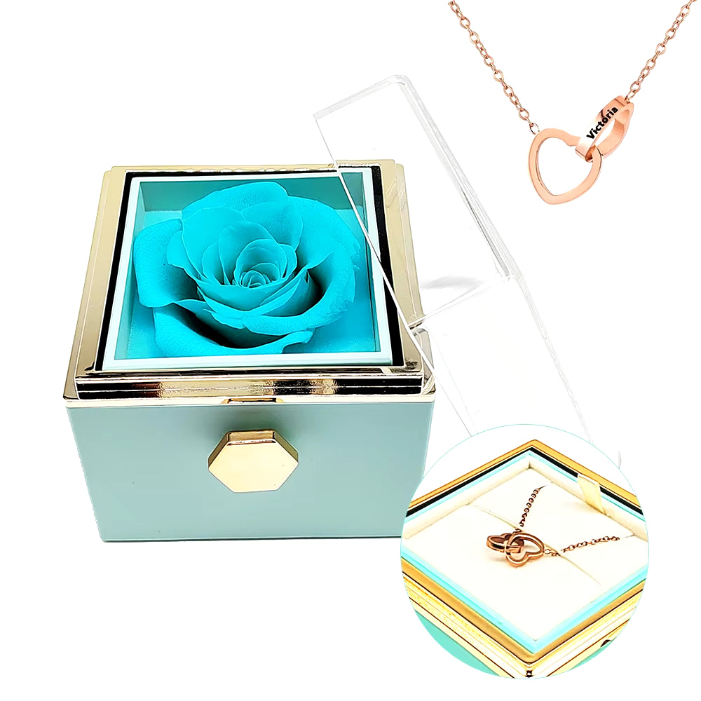 Rotating Eternal Rose Engraved Necklace Valentines Mother Day Gift Box Engraved Interlocking Heart Necklace Eternal Rose Box