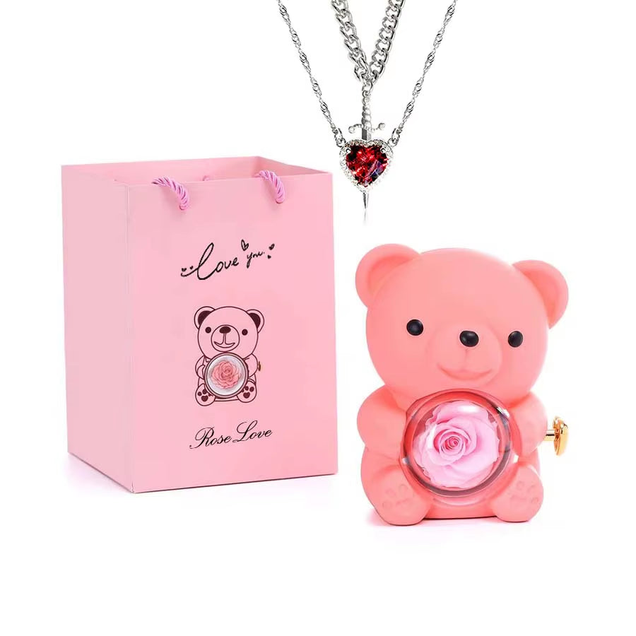 Mini Teddy Bear with Preserved Rose with Necklace Gift Box Romantic Bear Roses Gifts for Valentines Anniversary Day Birthday