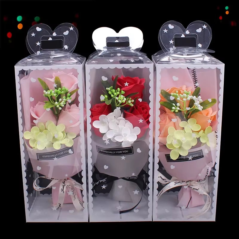3Pcs Head Rose Soap Flower Eternal Rose Valentines Day Present Gifts Handmade Soap Rose Bouquet with Box 8 Марта Подарки