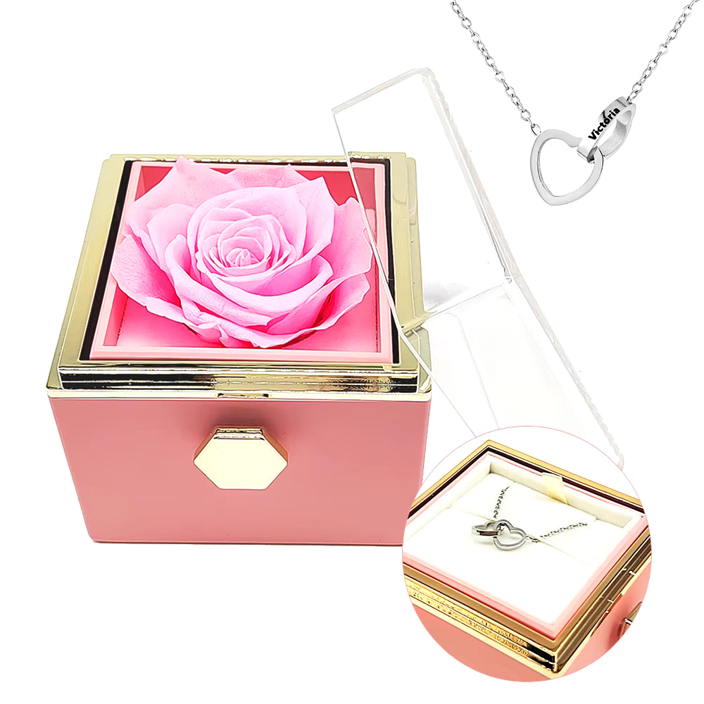 Rotating Eternal Rose Engraved Necklace Valentines Mother Day Gift Box Engraved Interlocking Heart Necklace Eternal Rose Box
