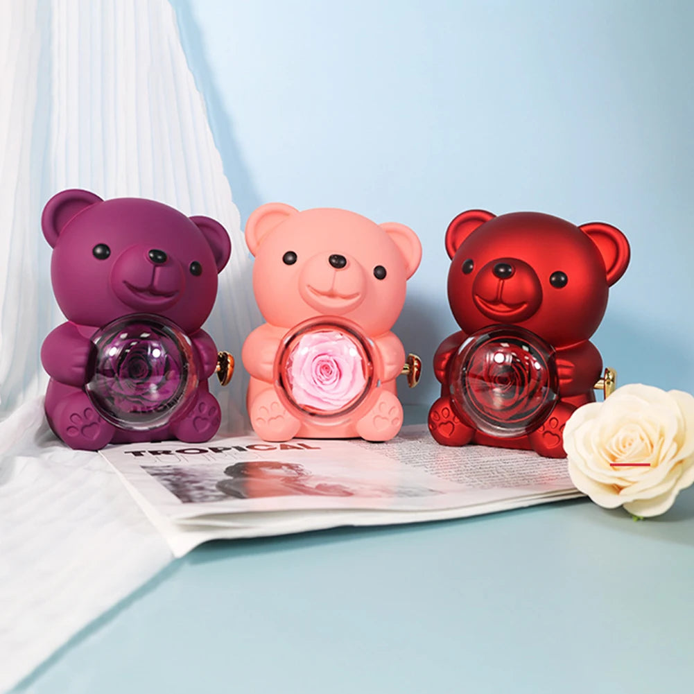 Eternal Rose Bear Gifts Box Rotate Rose Jewelry Box Valentine Wedding Storage Romantic Gift for Valentines Women Girlfriend