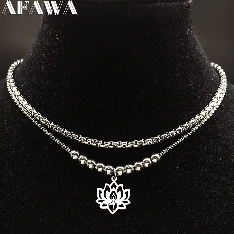 2024 Fashion Yoga Lotus Stainless Steel Statement Necklace for Women Silver Color Double Layer Necklace Jewellery Collares N1955