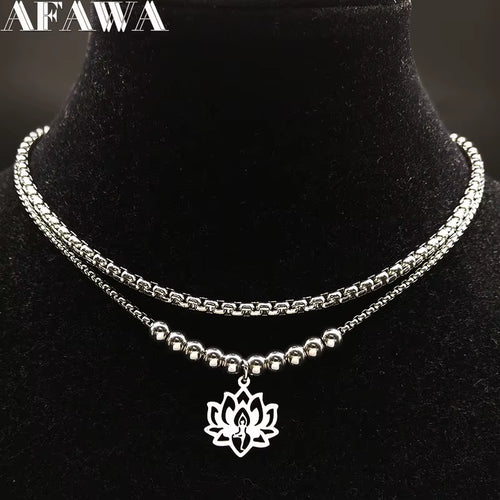 2024 Fashion Yoga Lotus Stainless Steel Statement Necklace for Women Silver Color Double Layer Necklace Jewellery Collares N1955