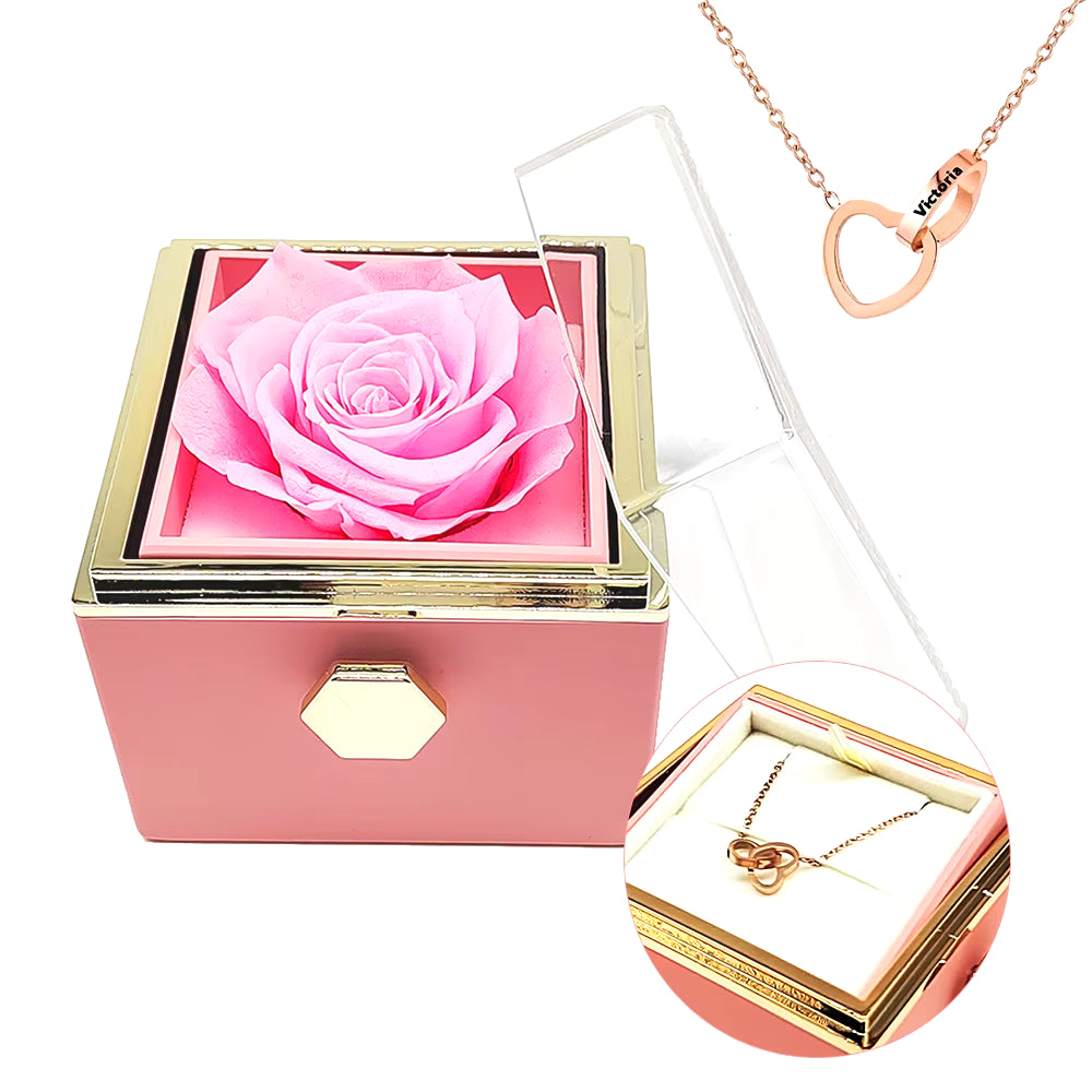 Rotating Eternal Rose Engraved Necklace Valentines Mother Day Gift Box Engraved Interlocking Heart Necklace Eternal Rose Box