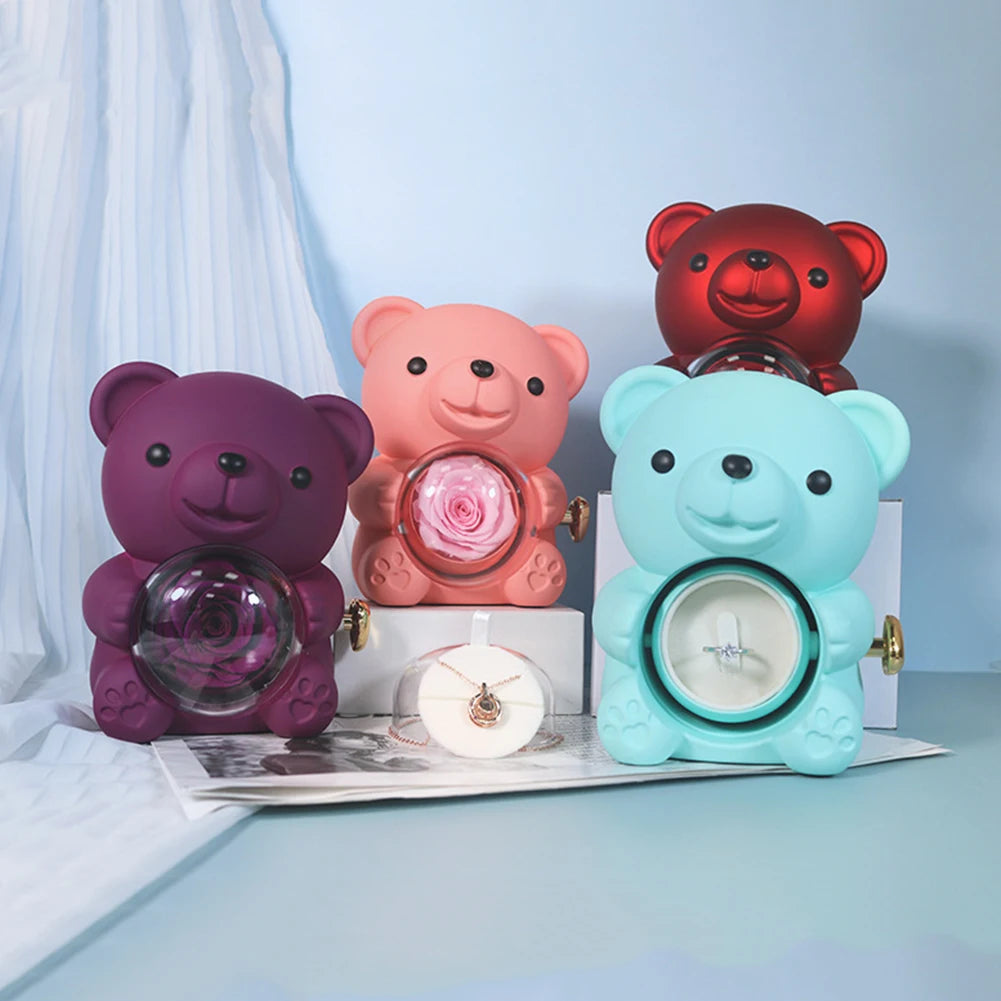 Eternal Rose Bear Gifts Box Rotate Rose Jewelry Box Valentine Wedding Storage Romantic Gift for Valentines Women Girlfriend