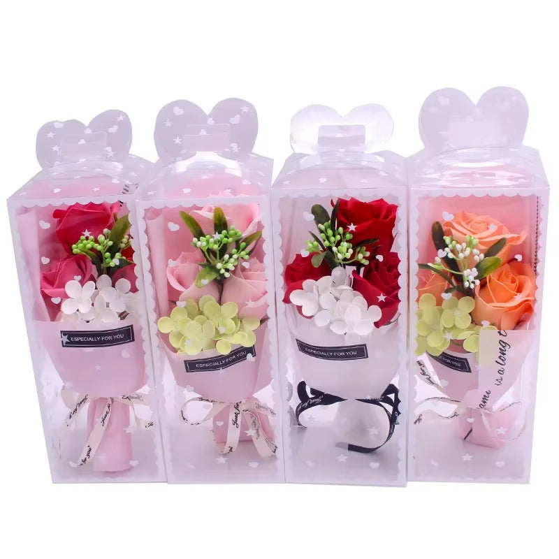 3Pcs Head Rose Soap Flower Eternal Rose Valentines Day Present Gifts Handmade Soap Rose Bouquet with Box 8 Марта Подарки
