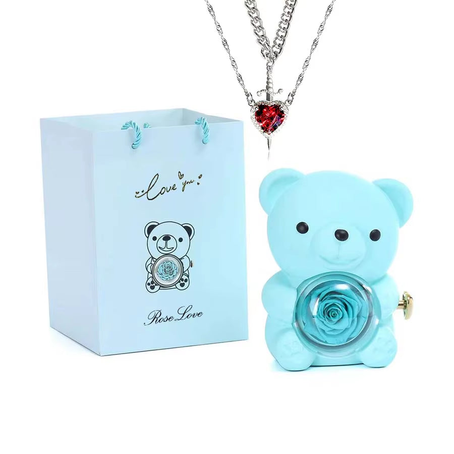 Mini Teddy Bear with Preserved Rose with Necklace Gift Box Romantic Bear Roses Gifts for Valentines Anniversary Day Birthday