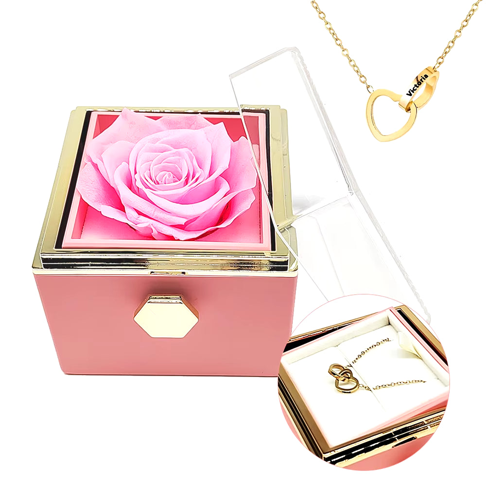 Rotating Eternal Rose Engraved Necklace Valentines Mother Day Gift Box Engraved Interlocking Heart Necklace Eternal Rose Box