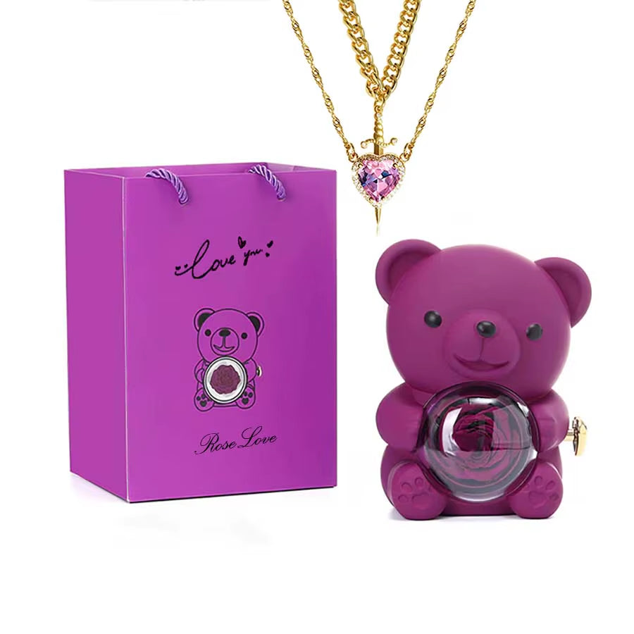 Mini Teddy Bear with Preserved Rose with Necklace Gift Box Romantic Bear Roses Gifts for Valentines Anniversary Day Birthday